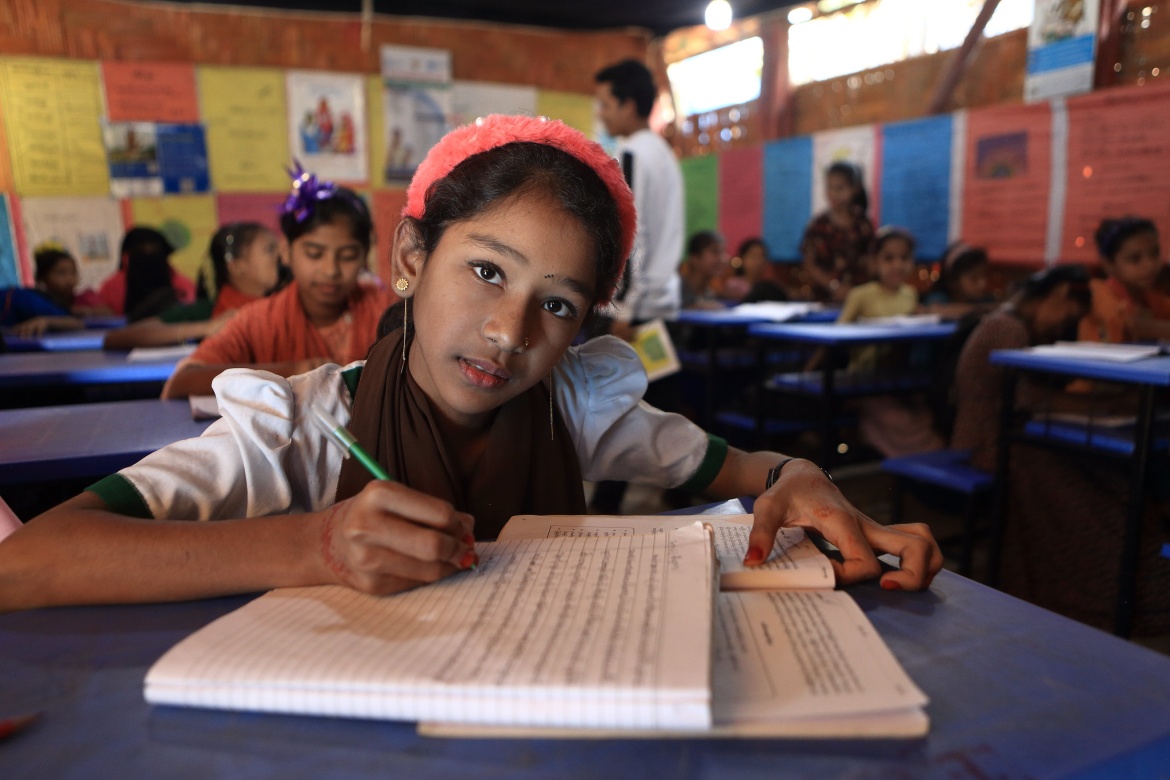Ismat Khatun is 12. She’s in grade 6 in an all-girls class at the Chayabithi Learning Center, located in Camp 4 of the Rohingya Refugee Camp in Cox's Bazar, Bangladesh. Credit: GPE/Salman Saeed