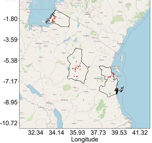 Carte montrant les régions de Dodoma, Pwani et Mara en Tanzanie où l'étude Fab Inc. a été menée. Crédit : Fab Inc.