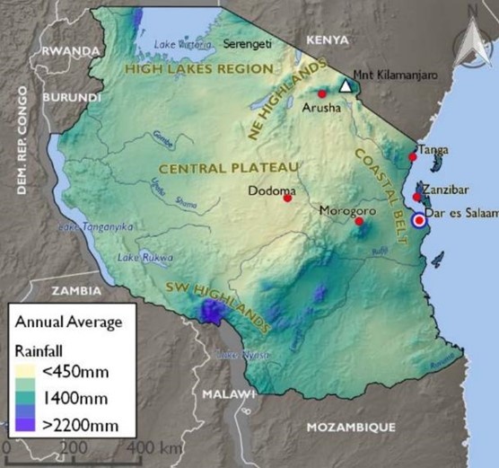Carte indiquant les précipitations annuelles moyennes à travers la Tanzanie. Crédit : Fab Inc.